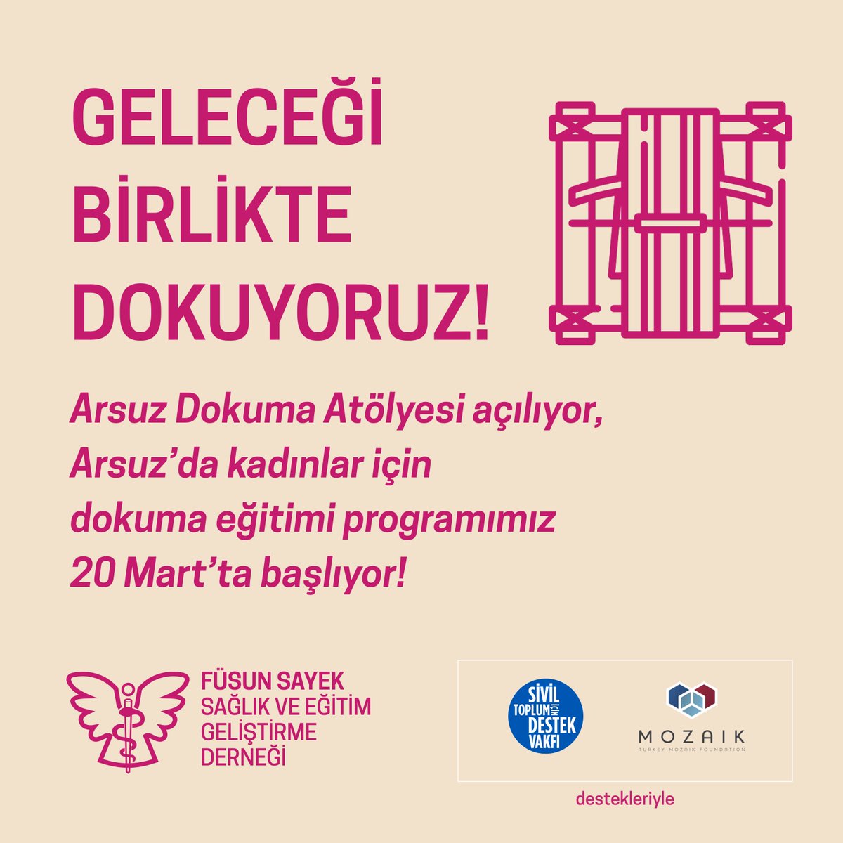 Kadınlar için dokuma eğitimi programımız 20 Mart’ta başlıyor.
Kadınlarla birlikte güçlenecek ve hayallerimizi gerçekleştirmek için bir alan sahibi olacağız ✊☀️🙏🏻