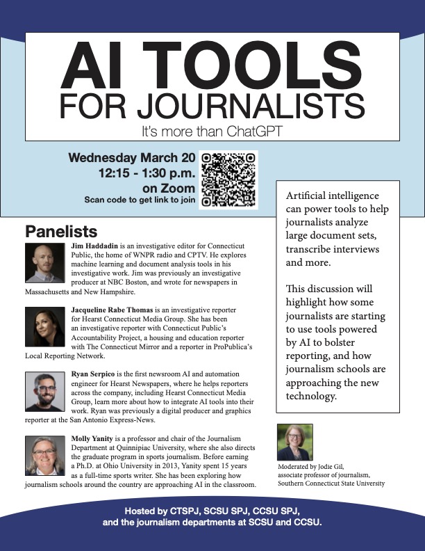 THIS WEDNESDAY:

Four journalists break down many of the AI tools that can help with reporting — some of which have little or nothing to do with the technology that powers ChatGPT.

It's free to join and we'd love to see you there.

Details: scsujournalism.org/ai-tools-for-j…