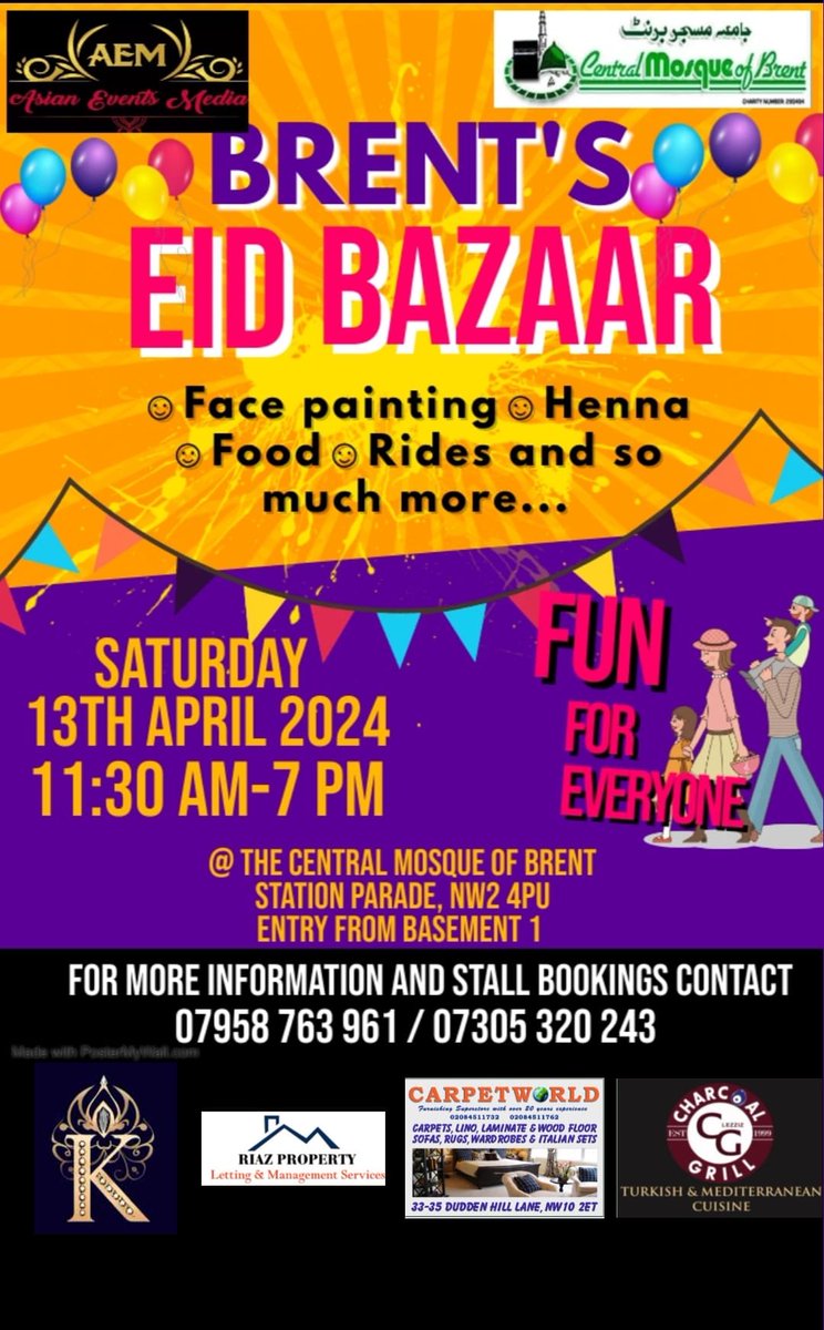 The Central Mosque of Brent is hosting in association with AEM is hosting this years Eid Bazaar on Saturday 13th April 2024 from 11am. A fun day for the whole family with everyone welcome. Eat, drink have fun and be merry! Come along and enjoy