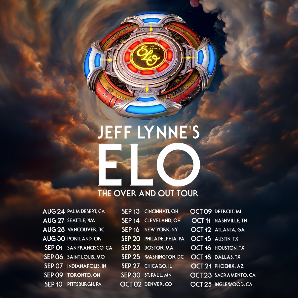 🛸 The Over and Out Tour, the final tour, is coming to the U.S. and it’s going to be out of this world! Join Jeff Lynne’s ELO for a historic night live in concert. Tickets are on sale Friday, March 22 at 10am local. jefflynneselo.com