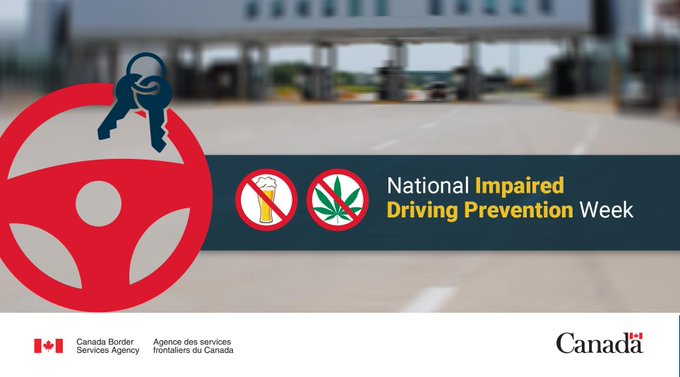 CanBorderSOR's tweet photo. It’s #NationalImpairedDrivingPreventionWeek. Last year, #CBSA officers at Southern Ontario ports of entry arrested 193 travellers for impaired driving-related offences. Let's do our part to keep our roads safe! #StopImpairedDriving #IDriveAlert https://t.co/X4RwBdrrgH