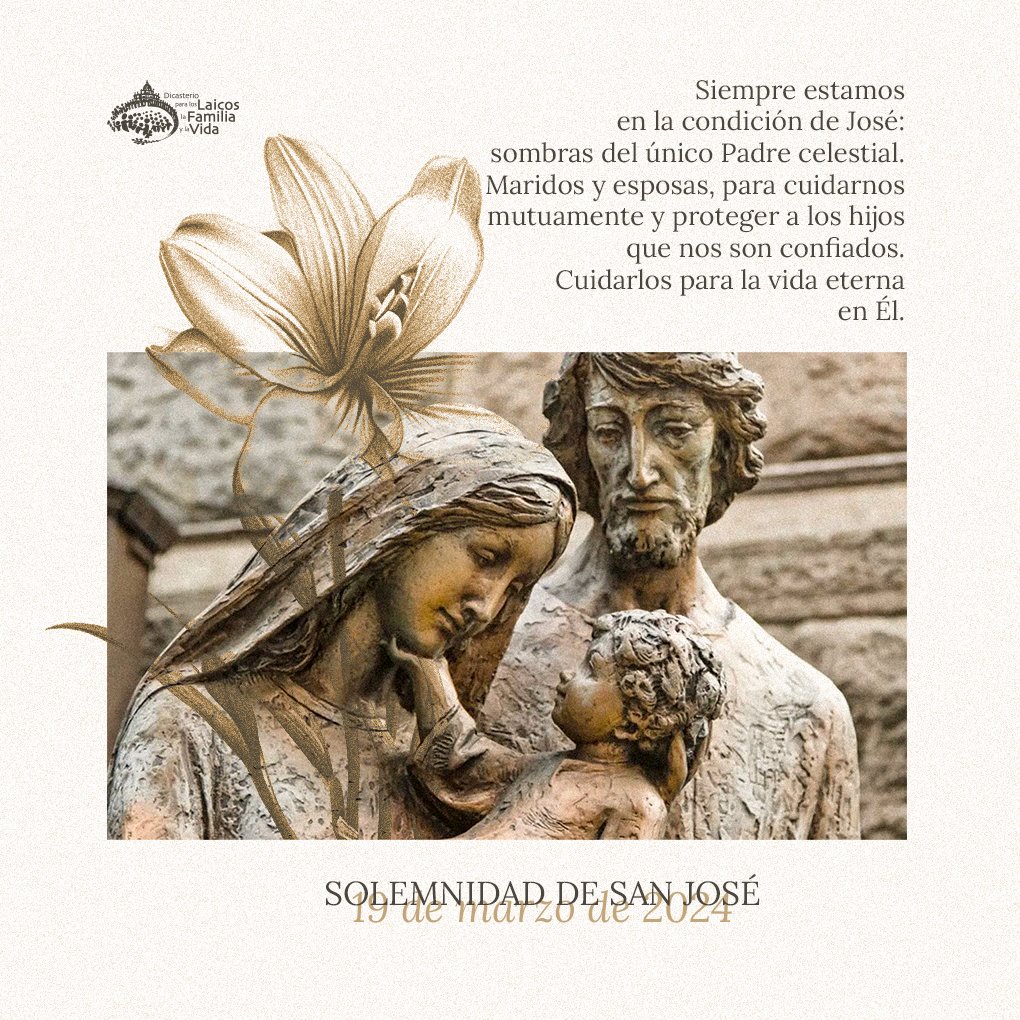 San José, [...] Muéstrate amigo con quien tiene mayor dificultad, y como apoyaste a María y Jesús en los momentos difíciles, apóyanos también a nosotros en nuestro camino. Amén. #19marzo #SanJosé #amorislaetitia #familia #laityfamilylife @Pontifex_es @vaticannews_es