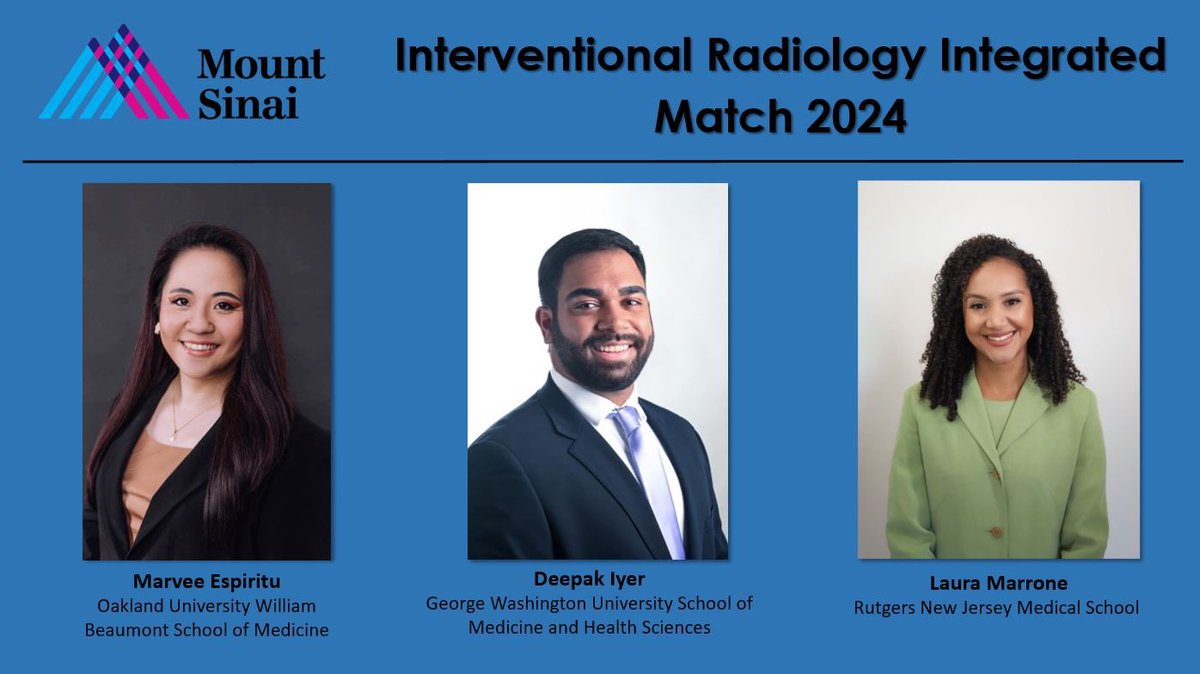 Welcome @msespiritu94, @d_iyer7, and @LauraMarr13 to the @MountSinaiIR Class of 2030! We are thrilled to have you and can’t wait to get started! @MountSinaiDMIR #Match2024 #MatchDay2024 #IRad @SIRspecialists @SIRRFS