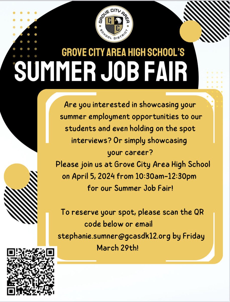 We are #GCASDProud to present this opportunity to businesses in the GC area. Are you an employer who is looking to showcase your job openings or occupations? If so, please join us for our Summer Job Fair on 4/5/24 from 10:30am-12:30pm. Register with QR code.