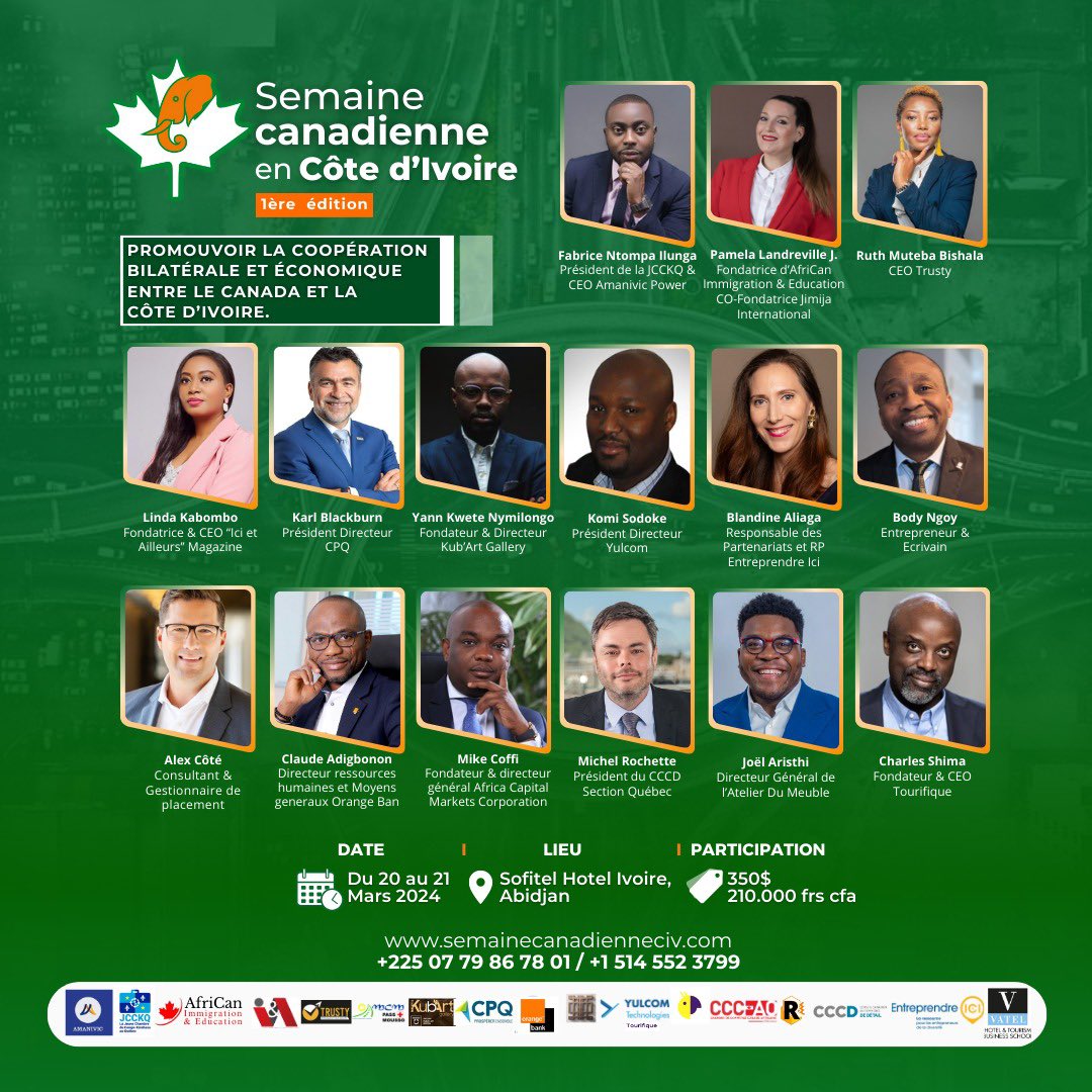 Je suis ravie d’être paneliste à la semaine canadienne du 20 et 21 mars au Sofitel Abidjan, cet événement offre une occasion unique de renforcer les liens entre le Canada et la Côte d’Ivoire.

Inscrivez vous via le lien  : semainecanadienneci.com 

#semainecanadienneci