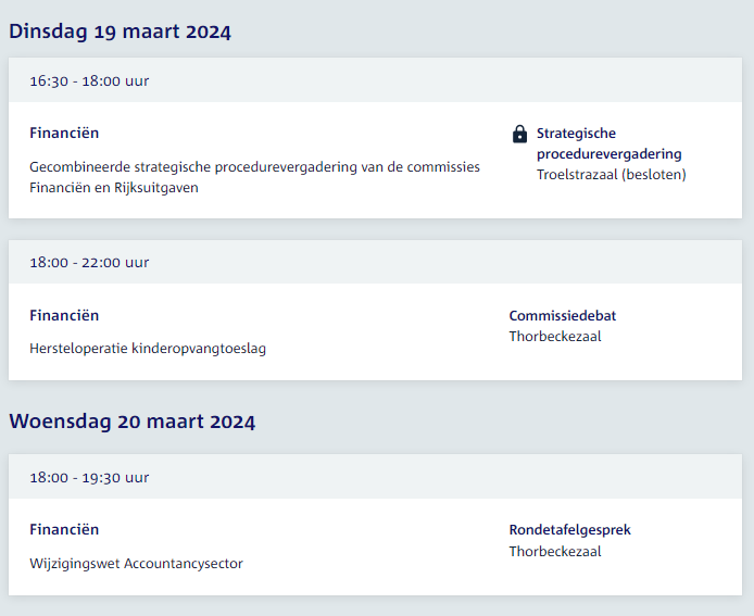 De agenda van de commissie voor financiën staat weer online: