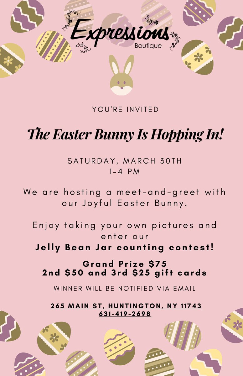 The Easter Bunny is Hopping in.  Meet and Greet at Expressions Boutique NY! Come meet the Easter Bunny on Sat, 3/30 from 1-4 pm. Take a chance at or Jelly Bean Counting Contest and Win!
#easter2024
#easterbunny
#boutiquestyle
#childrenswear
#womenswear
#LongIsland
#Huntington
