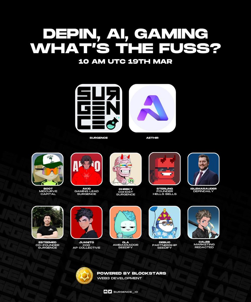 SURGENCE and the crew are gathering again to explore DePINs and the potential synergy between AI and Crypto.

Set Reminders: x.com/i/spaces/1DXxy…

We will also be joined by AETHIR, a leader in DePIN. Come learn about their node sale and enter a FREE raffle for our listeners!
