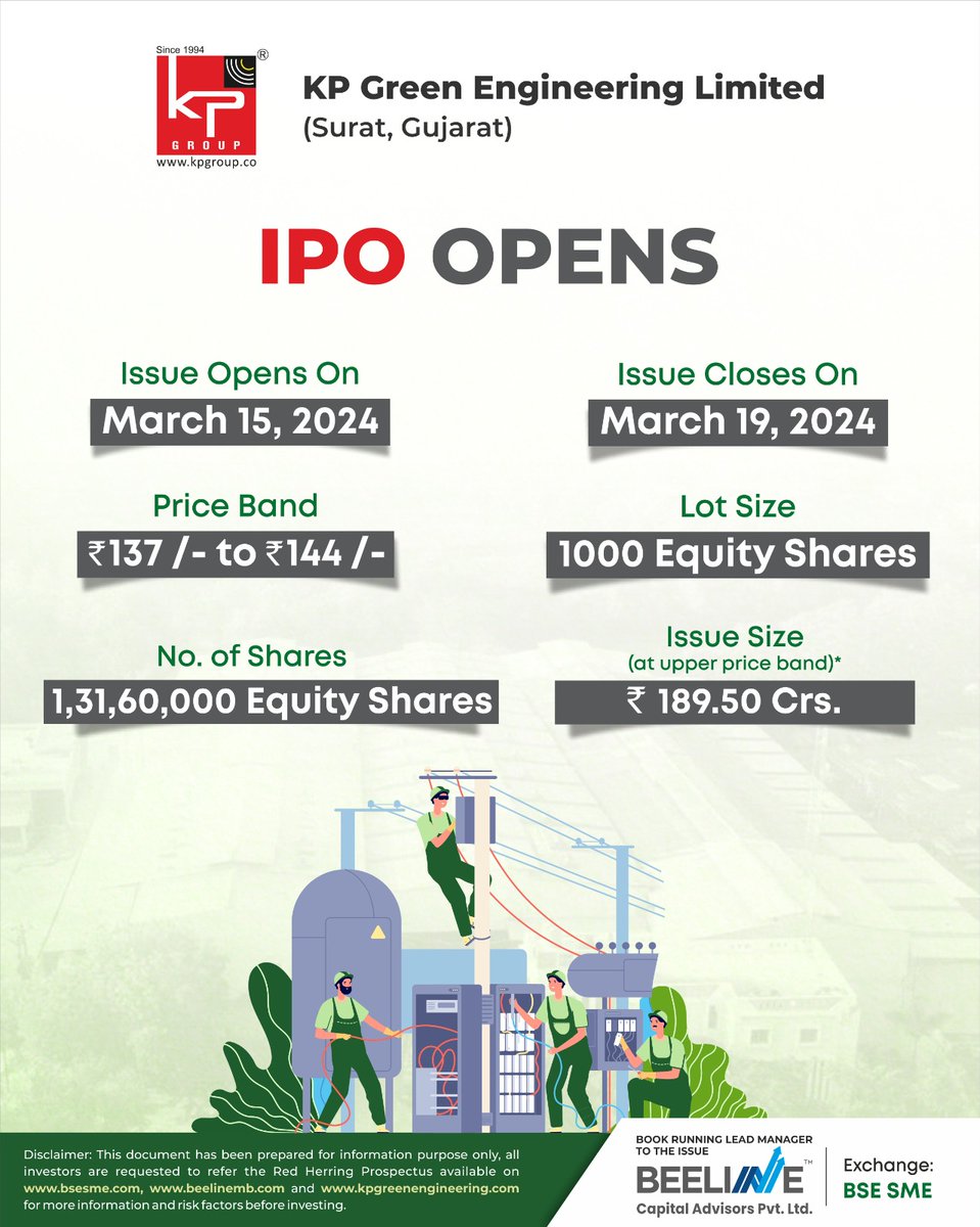 IPO Opens of KP Green Engineering Limited (Surat, Gujarat)

Company offers comprehensive renewable energy infrastructure solutions facilitated by in-house fabrication and hot-dip galvanizing facilities.  #beelinecapitaladvisors #KPgroup