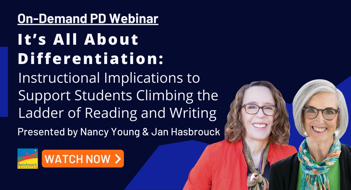 Watch @NancyYoung_ & @JanHasbrouck's on-demand webinar that unpacks The Ladder of Reading & Writing infographic. If you find any part particularly interesting, please share your thoughts using #BenchmarkEducation or #LadderOfReadingAndWriting!

Watch: hubs.ly/Q02p9g8l0