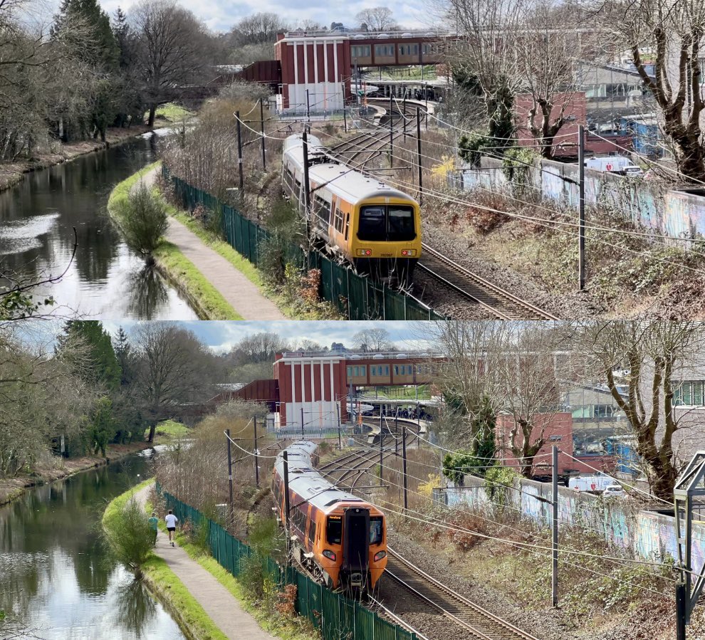 PlatformEdge1's tweet image. Just having a walk around and noticed this spot 👀

A class 323 heading to Redditch and a class 196 heading to Hereford, both arriving into University #Class196 #Class323
