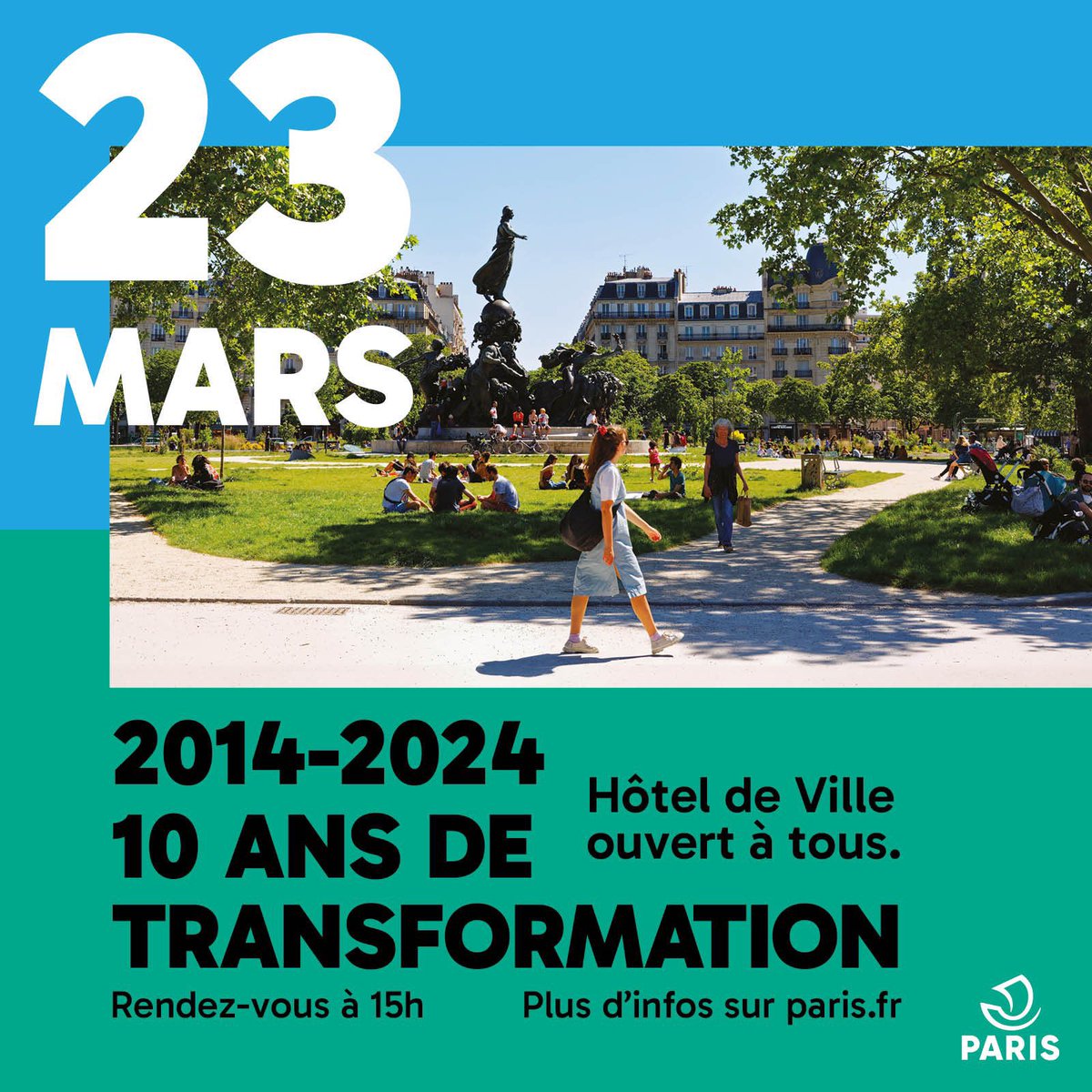 10 ans de transformation de @Paris pour rendre la ville plus durable et plus solidaire ! Ce samedi 23 mars, dès 15h à l’Hôtel de Ville, venez (re)découvrir les grands et les petits projets qui ont fait évoluer la capitale. 👉 paris.fr/evenements/ven…