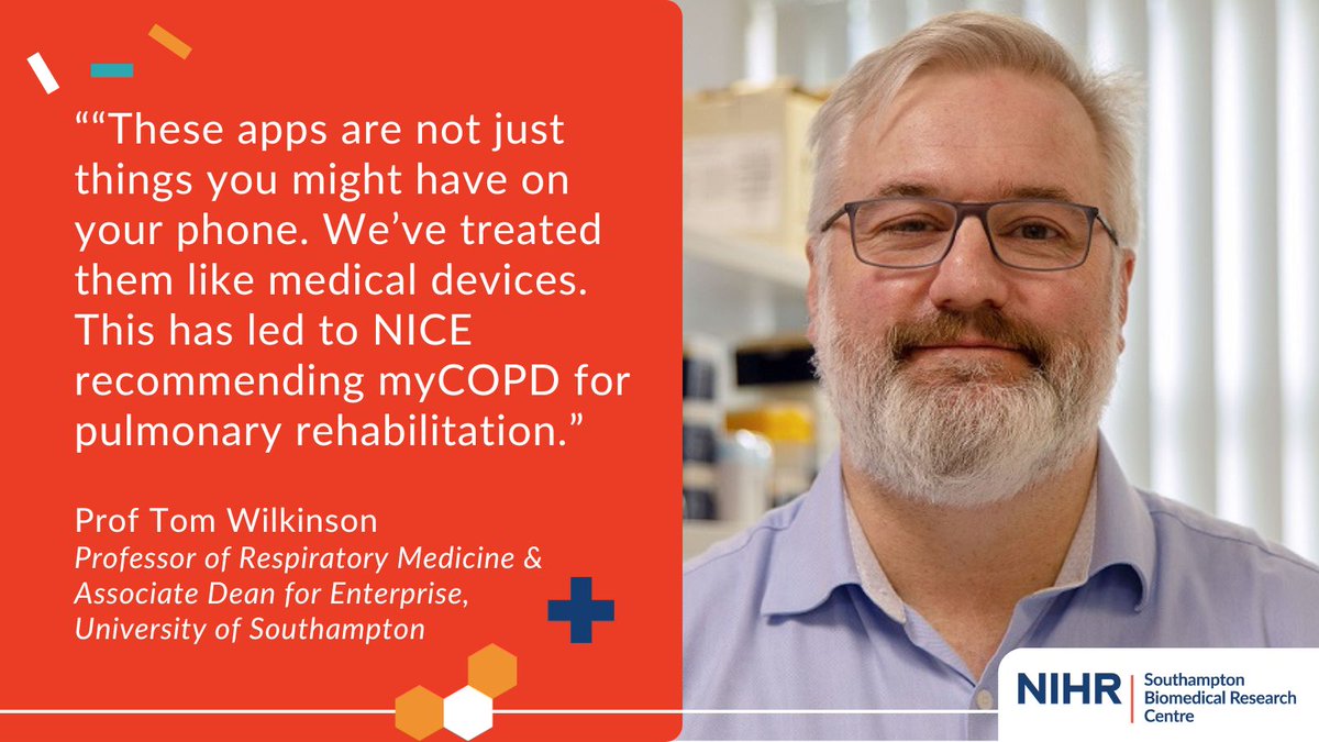 Our BRC’s <a href="/ProfWilko/">Tom Wilkinson</a> led the development of the myCOPD app, now recommended by <a href="/NICEComms/">NICE</a> to help patients with #COPD manage their condition. 🫁🌟

He's now working with Prof Michael Boniface to further develop the app, adding #AI-enabled alerts. 👇
southamptonbrc.nihr.ac.uk/post/lung-cond…