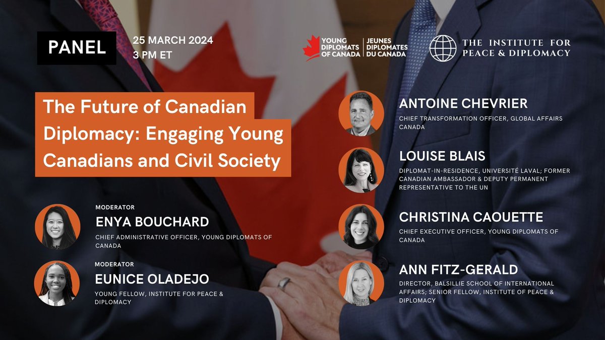 📅 RSVP TODAY: IPD and <a href="/YDCanada/">Young Diplomats of Canada</a> will host 'The Future of Canadian Diplomacy', a panel on March 25 at 3PM ET ft. <a href="/ChevrierAntoine/">Antoine Chevrier</a> <a href="/GAC_Corporate/">Global Affairs Canada</a>, <a href="/blais_louise/">Louise Blais</a> @ESEIulaval, <a href="/afitz3105/">Ann Fitz-Gerald</a> <a href="/BalsillieSIA/">Balsillie School of International Affairs</a>, Christina Caouette, Enya Bouchard + <a href="/eunice_oladejo/">Eunice Oladejo</a>.

us02web.zoom.us/webinar/regist…