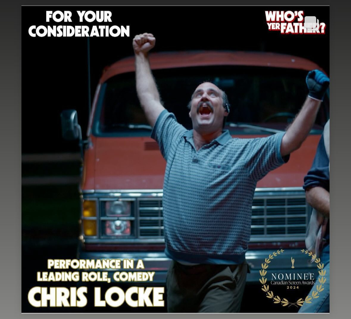 It's the final week of voting for the @TheCdnAcademy Awards. Please consider @chrislockeworld for Performance in a Leading Role (Film Comedy) in @whosyerfather!
