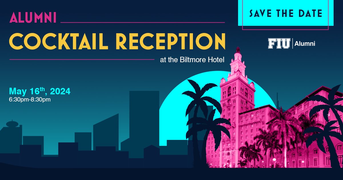 At long last, The Pack is Back! 🐾🍸The FIU Alumni Cocktail Reception at the lavish Biltmore Hotel requests your presence for an evening of spirited discussion and a roaring good time. 🗓 SAVE THE DATE. Registration opens April 16th. See you there! 🎉✨