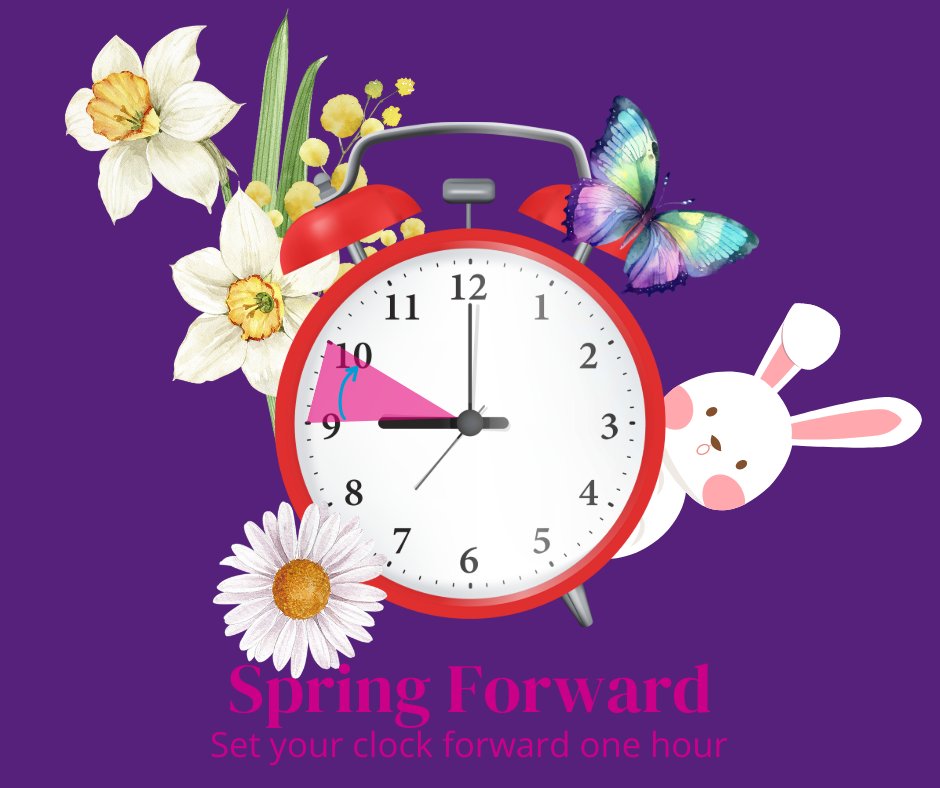 British Summer Time is here! ☀️ Don't forget to move your clocks forward one hour tonight ready for tomorrow. (Spring forward!) 🌸🌼🌻