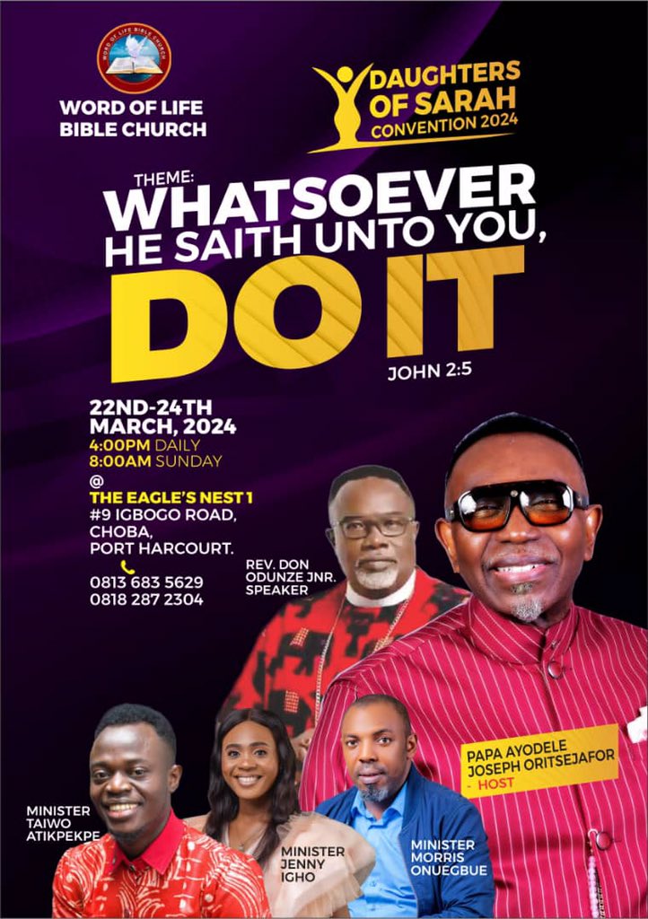 wlbc_phcity's tweet photo. DAUGHTERS OF SARAH CONVENTION 2024 IS HERE [4 DAYS TO GO]🛎🛎

You’re all specially invited to another edition of this remarkable convention set aside for the women of this outstanding Ministry..

WLBC MEDIA✍️

#kings&amp;Priest#
#Daughtersofsarah2024#
#wlbc_phcity# https://t.co/rPZgvUbSmj