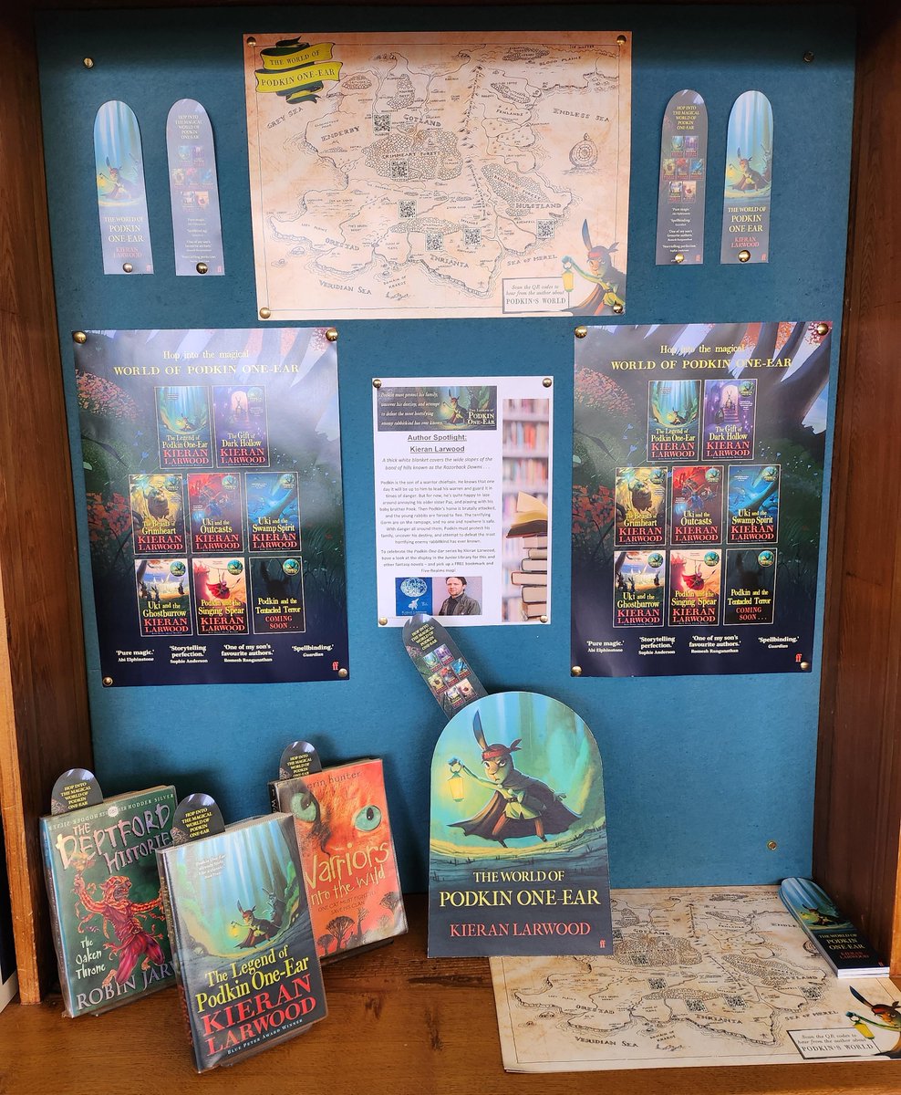 KEHSlibrary's tweet photo. To celebrate the Podkin One-Ear series by Kieran Larwood, have a look at the display in the Junior Library for this and other fantasy novels โ and pick up a FREE bookmark and Five-Realms map! @faberchildrens @kmlarwood @readingagency #podkinoneear #rabbitwarrior https://t.co/y9UcCqCuwV