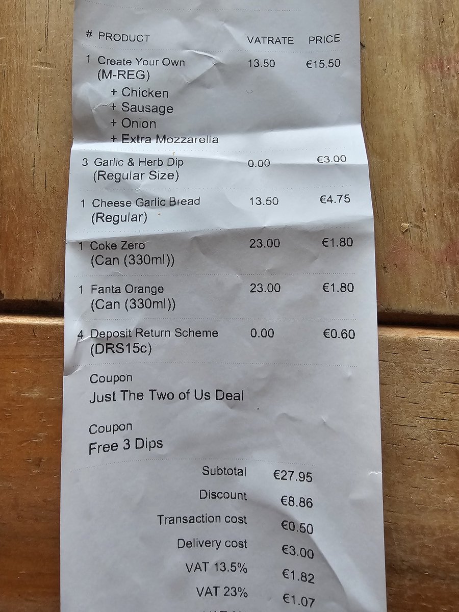 skippy_mc's tweet photo. Why are Apache pizza charging double for the Deposit Return Scheme? That should be 30 cents, not 60cents. It was two cans. https://t.co/D3lsIc9chf