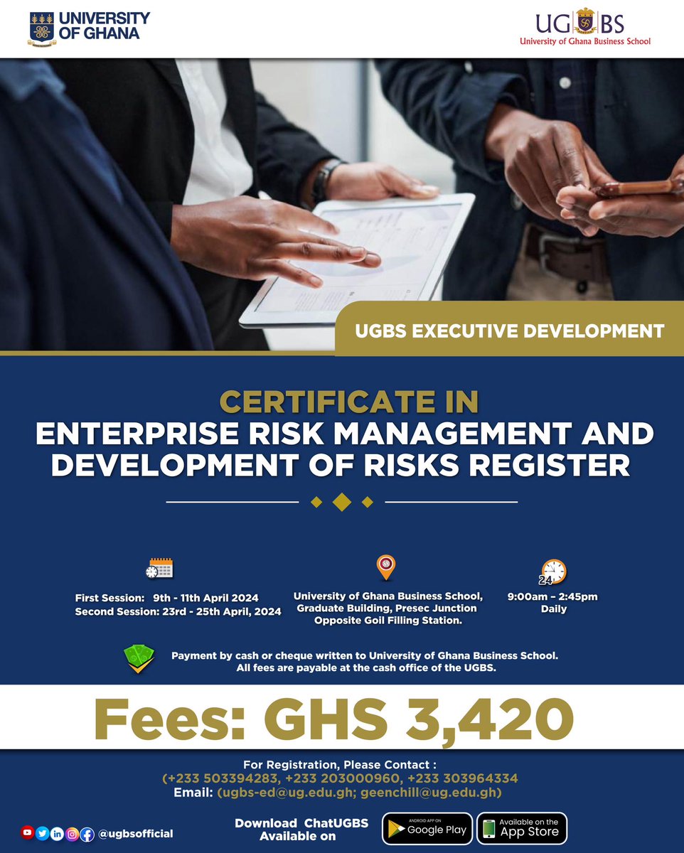 Enroll today on our UGBS-ED certification short course in Enterprise Risk Management and Development of Risks Register.

Further details are available on the flyer below.

#UGBS #UGBSED #ShortCourses