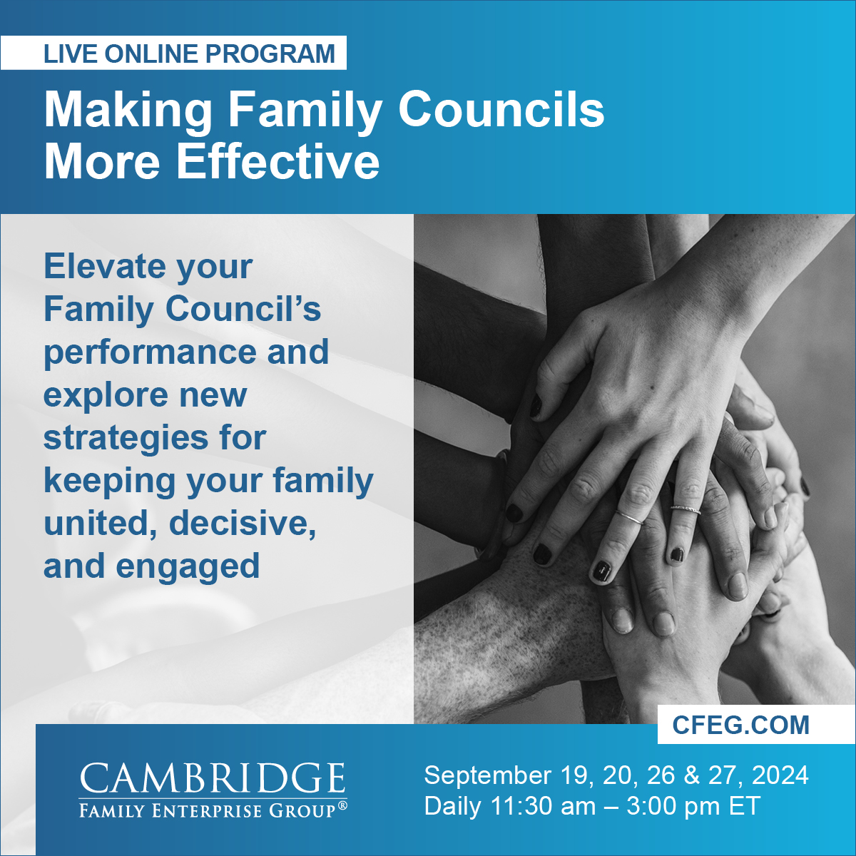 If your Family Council is not actively preparing your family to be united, decisive, contributing, and successful in the context of this turbulent environment, it is not doing its job.
cfeg.com/programs/makin…