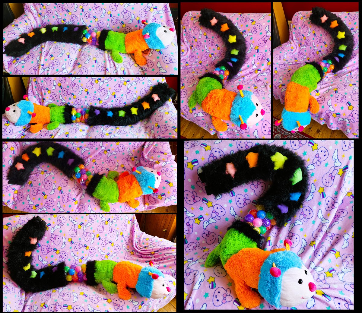 rainbowlemur's tweet image. I had an unfinished Pickle tail lying around for YEARS, until one day when I randomly decided to finish it and make it look as insane as possible. So I butchered a giant worm plushy and added a ball-pit ball 'shaker' section for good measure. Here is the result.