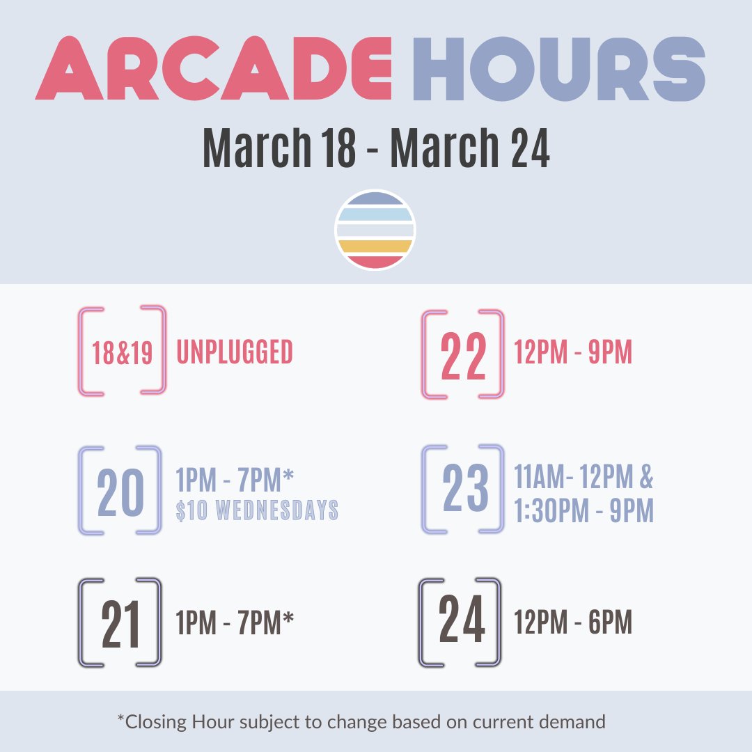 Arcade Hours are up for this week! and don't forget to mark your calendar for $10 Wednesdays where we offer 1 hour of gaming for only $10🥳

#arcade #gameonstate