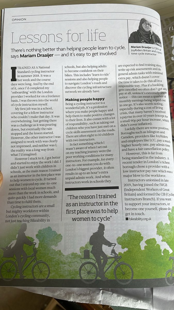 I wrote an article for the current issue of the @London_Cycling magazine! It’s all about supporting your local @IWGB_CIB instructors! They have been campaigning for years for better pay and working conditions