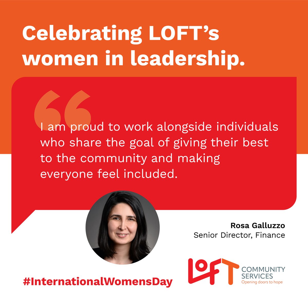 Meet Rosa Galluzzo, the Senior Director of Finance at LOFT. When asked why she enjoys working at LOFT, Rosa shared, 'It's a pleasure to work for an organization that has a positive impact on the community.' #InternationalWomensDay