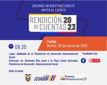 desarrollourbep's tweet photo. ¡Te invitamos a la Rendición de Cuentas 2023 de la Empresa Pública Creamos Infraestructura!

👥 Un espacio de Deliberación Pública para conocer la gestión de la #CIEP durante el año 2023.

🗓️ Martes 26 de marzo de 2024
⏰ 09:30
📍Auditorio
#RendiciónDeCuentas2023 #ElNuevoEcuador https://t.co/ZHvIyHkPyI