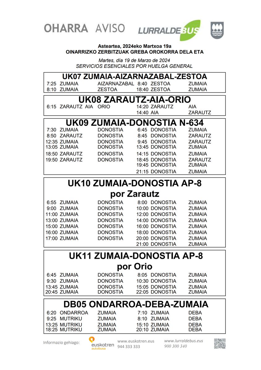 Lurraldebus's tweet photo. 📅 Martxoak 19 / 19 de marzo
📢 Oinarrizko zerbitzuak / Servicios esenciales
🛑Greba Orokorra Euskotrenen / Huelga general en Euskotren
🚌#DB01 #DB02 #DB03 #DB04 #DB06 #UK07 #UK08 #UK09 #UK10 #UK11 #DB05
📱900 300 340
🔗 https://t.co/um12LMO73m https://t.co/FjIhQnNyua