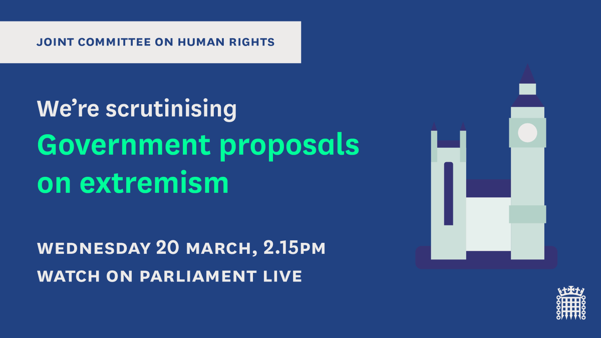 We're scrutinising the Government's proposals on extremism on Wednesday 20 March at 2.15pm. We'll hear from: - Sara Khan @CohesionReview - Ruth Ehrlich @ruth_ehrlich, @libertyhq - Joshua Rozenberg @JoshuaRozenberg Find out more: committees.parliament.uk/event/21049/fo…