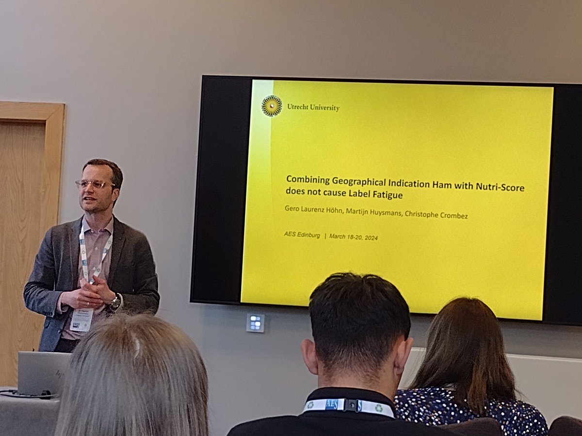 Really interesting presentation & conclusion: Consumers value both GI Parma ham and better Nutri-Score. Label Fatigue? Combining Geographically Protected Ham with Varying NutriScores - Martijn Huysmans (Utrecht University, School of Economics) #AES_2024