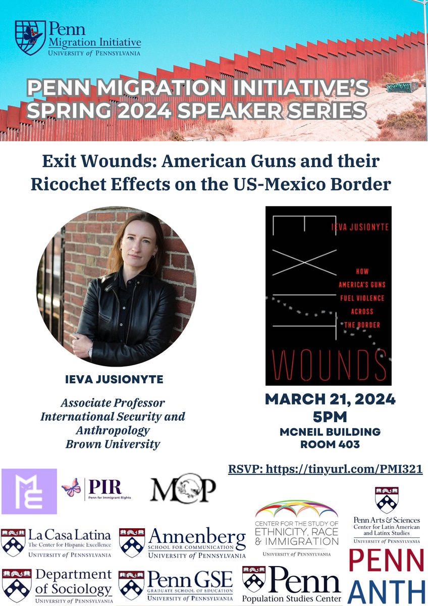 Dear Penn/Philly community, please join us for our @PMI_Penn event, featuring @ievaju who will discuss her new book 'Exit Wounds.' We are excited for this timely discussion on the world of firearms trafficking and the Mexico-US border. To RSVP: tinyurl.com/PMI321