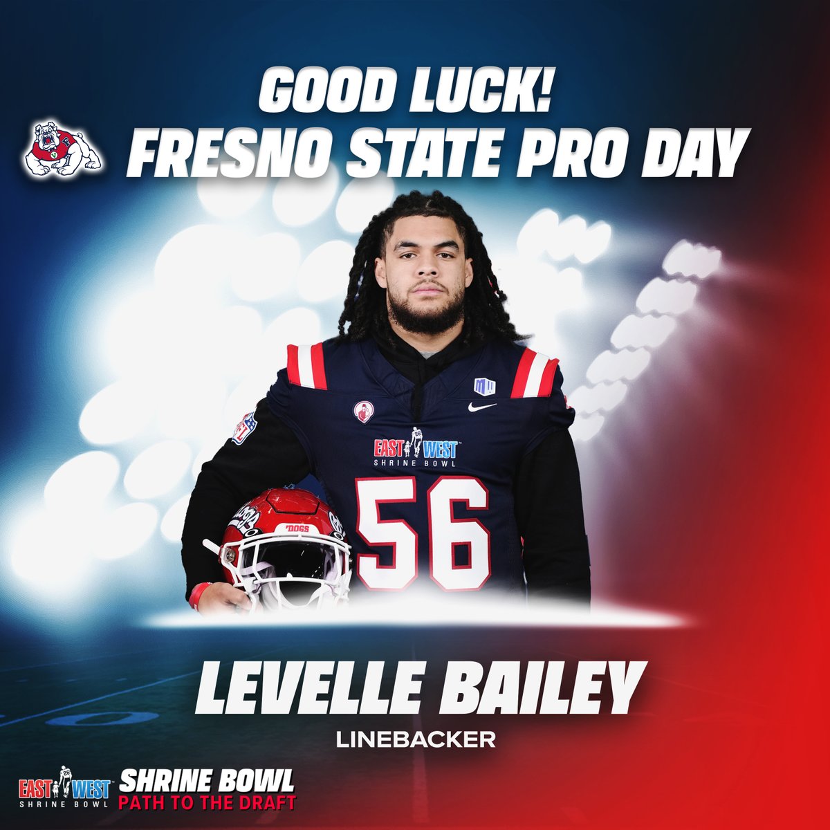 Good luck to our #ShrineBowl star Levelle Bailey (@LevelleBailey6) at @FresnoStateFB Pro Day! #GoDogs