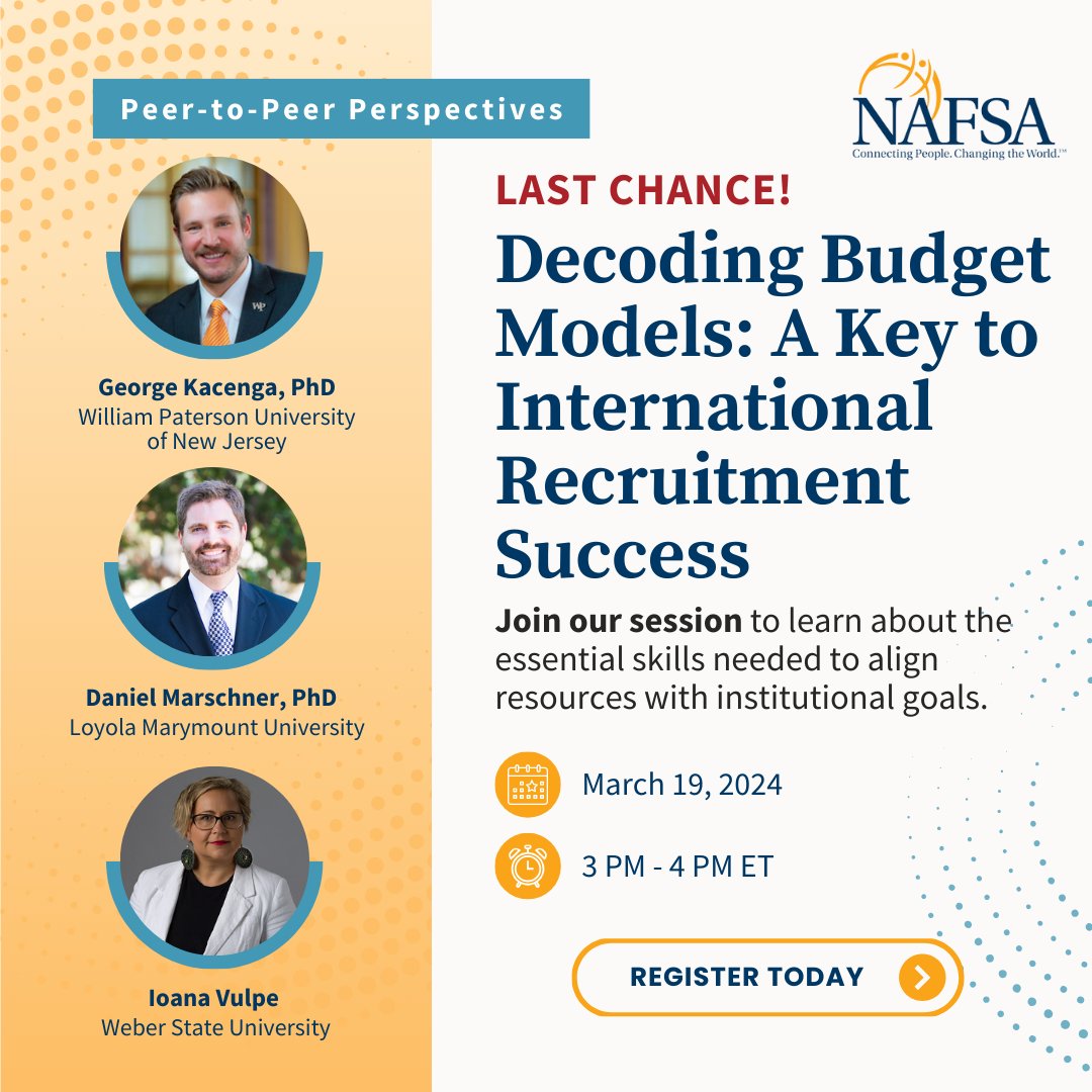 LAST CHANCE: Join us on March 19 at 3PM ET for: ‘Decoding Budget Models: A Key to International Recruitment Success,’ a Peer-to-Peer Perspectives event. Examine ROI in int'l recruitment and budget frameworks for effective planning. REGISTER NOW: bit.ly/3VbYYnV