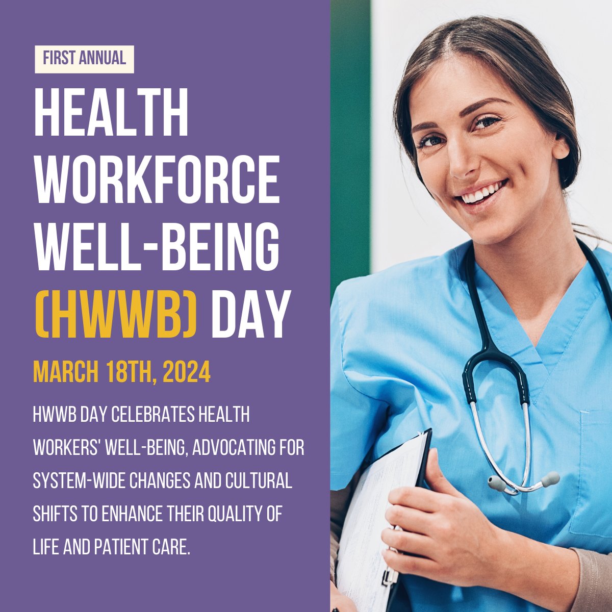 Mark your calendars for March 18th because it's HWWB Day!

Let's make a collective impact on health worker well-being. Use #HWWBDay and tag @NJnew15 to connect with us and others. Can't wait to see how you participate!  

#HealthWellbeing #SupportHealthWorkers