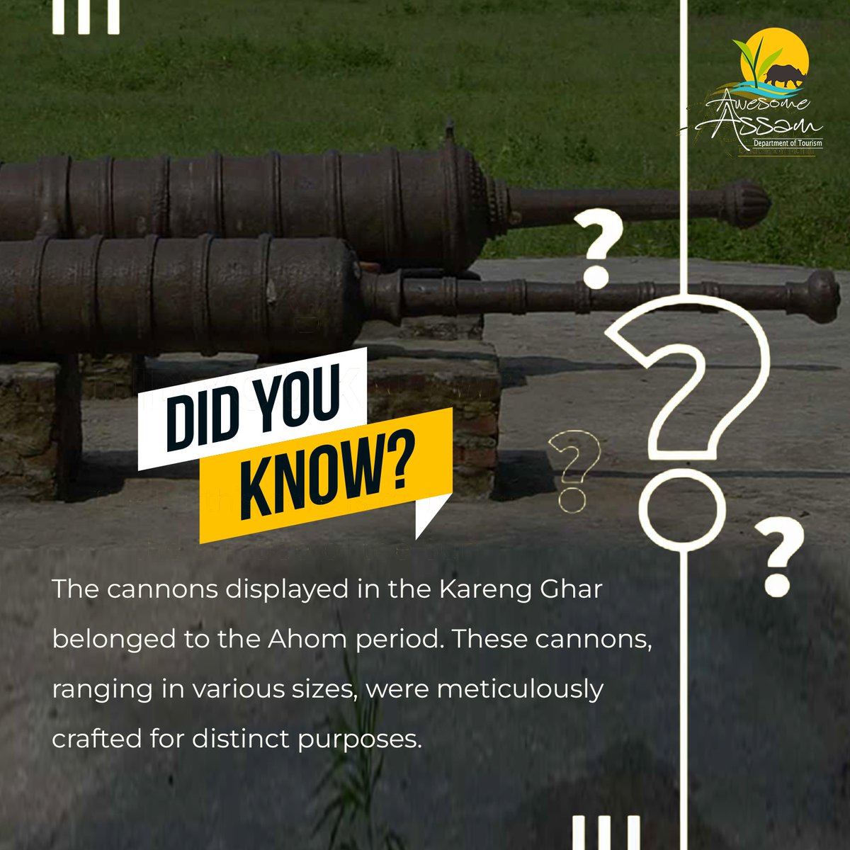 Step back in time to the Ahom period and discover the remarkable cannons showcased in Kareng Ghar!

#AwesomeAssam #AssamTourism #Assam #VisitAssam #Cannons #AhomPeriod  #ExperienceAssam #WelcomeToAssam #TravelAssam #DestinationAssam
