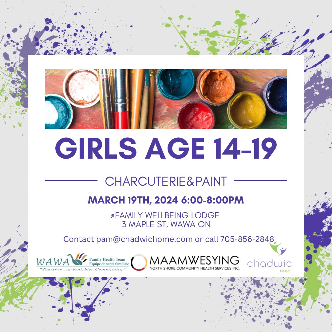 Join us for a charcuterie and paint night!🎨
When? Tuesday, March 19th, 2024
Where? Family Wellbeing Lodge, 3 Maple St, Wawa, ON
Time? 6:00pm - 8:00pm 

FOR ANY GIRLS INTERESTED IN LEARNING LIFE SKILLS AND BUILDING CONNECTIONS WITH OTHERS💫