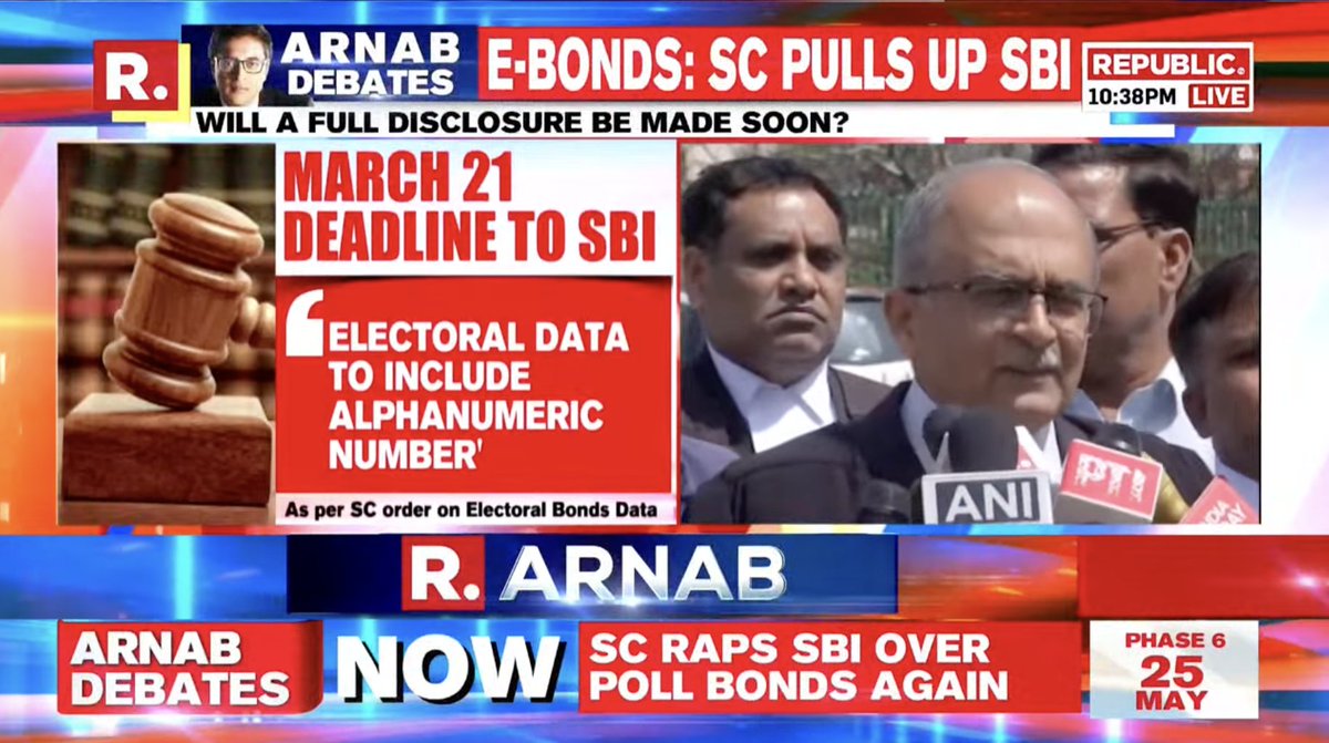 republic's tweet photo. Top Court raps SBI yet again over electoral bonds data. Will a full public disclosure be made soon?
Tune in here to watch The Debate with Arnab and fire in your views - https://t.co/7EjchaIqud
#ElectoralBonds #EBonds #SBI #BJP #TMC #Congress #LokSabhaElections #2024Elections #Arnab #ArnabGoswami
