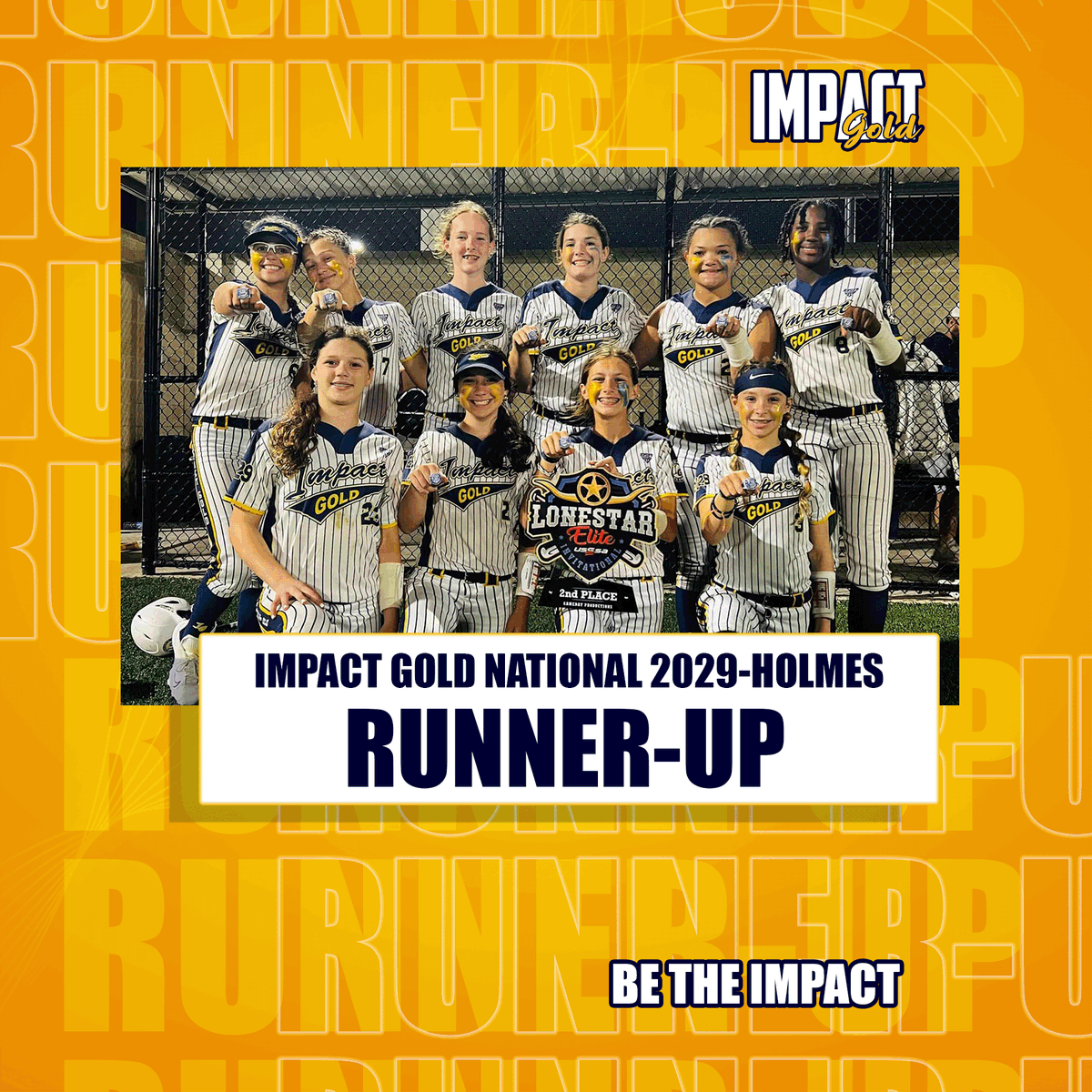 Congratulations to Impact Gold National Holmes on going 6-1 and finishing RUNNER-UP in the Lone Star Elite Invitational!! Great job, ladies! #betheimpact #goldblooded #impactgoldnationalholmes