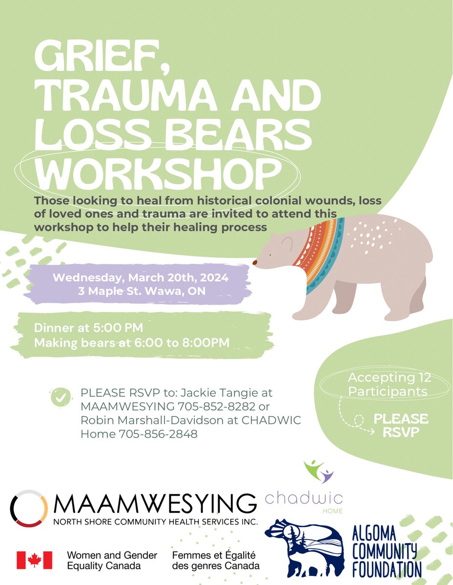 WORKSHOP
When? Wednesday March 20th, 2024
Where? 3 Maple St. Wawa, ON
What time? Dinner at 5:00pm 
Making bears at 6:00pm to 8:00pm 

Accepting 12 participants
PLEASE RSVP TO: Jackie Tangie at MAAMWESYING 705-852-8282 or Robin Marshall-Davidson at CHADWIC Home 705-856-2848