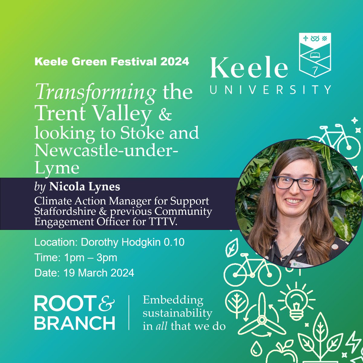#KeeleGreenFestival GUEST TALK with Nicola Lynes on Tuesday 19 March 2024 about Transforming the Trent Valley and looking to Stoke and Newcastle-under-Lyme: community engagement and climate action from 1:00 pm in Dorothy Hodgkin 0.10 Learn more: keele.ac.uk/about/sustaina…