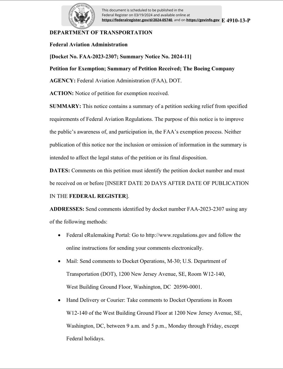 Petition for Exemption; Summary of Petition Received; The Boeing Company This notice contains a summary of a petition seeking relief from specified requirements of Federal Aviation Regulations. public-inspection.federalregister.gov/2024-05740.pdf