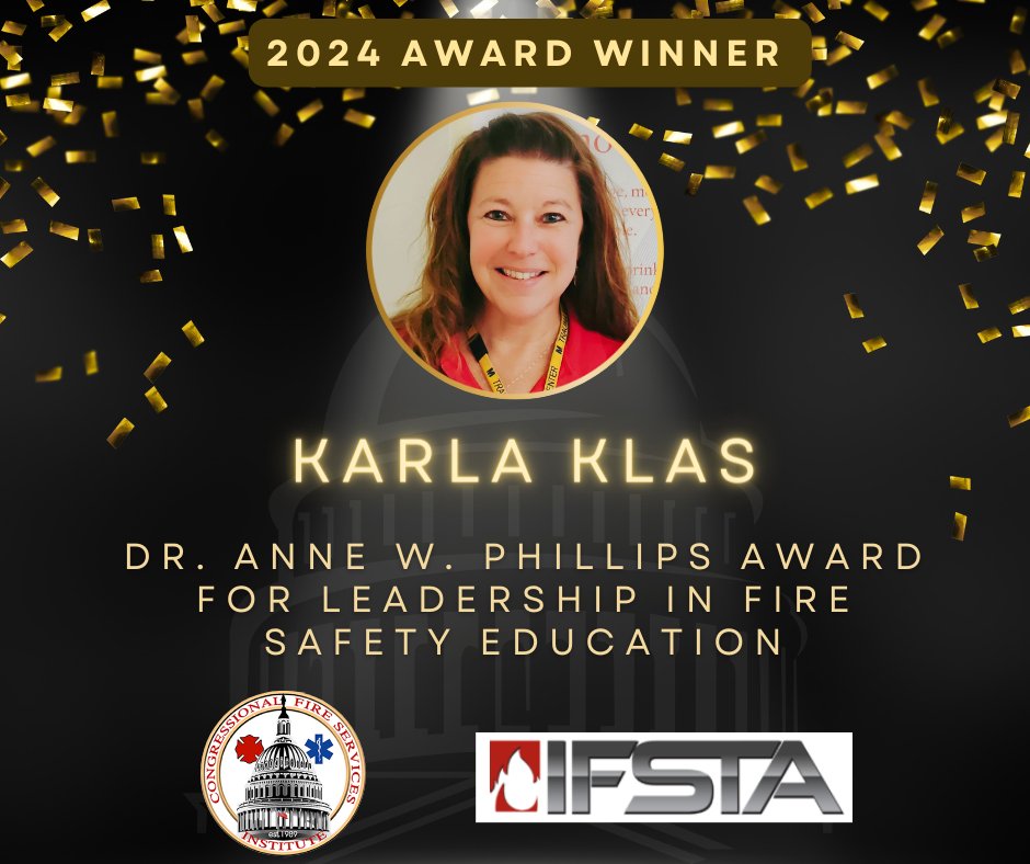 CFSI and @IFSTA are pleased to announce that Karla Klas has won the 2024 Dr. Anne W. Phillips Award for Leadership in Fire Safety Education! The award will be presented at the #CFSI2024 dinner on 4/29. 🔗Announcement: bit.ly/AnnePhillips20… 🔥Event Info: bit.ly/CFSI2024