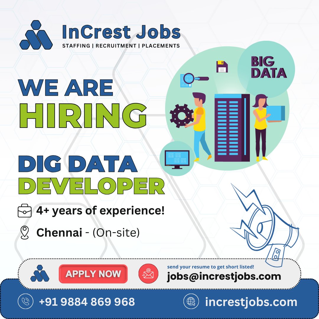 We are hiring a Big Data Developer to dive into complex data landscapes and drive innovative solutions.

send your resume to jobs@increstjobs.com

#InCresting #InCrestJobs #BigDataDeveloper #TechTalent #DeveloperJobs #HiringNow #ApplyToday