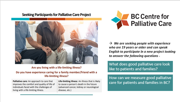 @BCC4C is looking for participants to share their experiences. Are you or a family member living with a life-limiting illness? Have you experienced caring for a family member or friend? For more information + to indicate your interest: email sanderson@bc-cpc.ca. #PalliativeCare