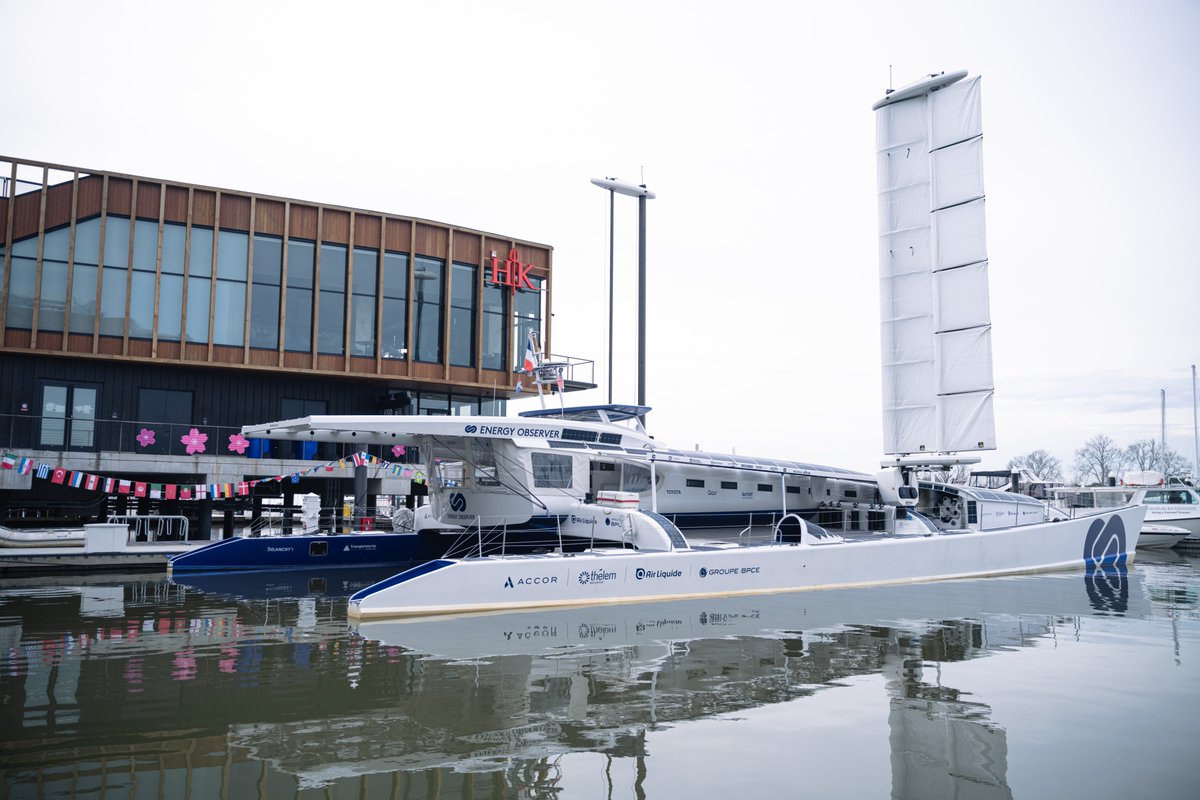 FrenchAmbUS's tweet photo. Glad to have toured the @energy_observer laboratory ship, which is docked this week at the Wharf Marina.

The zero-emission 🇫🇷 vessel is powered by renewable energies/hydrogen and is raising awareness of the impact of maritime transport and showcasing decarbonization solutions. https://t.co/fWu7XrC2Df