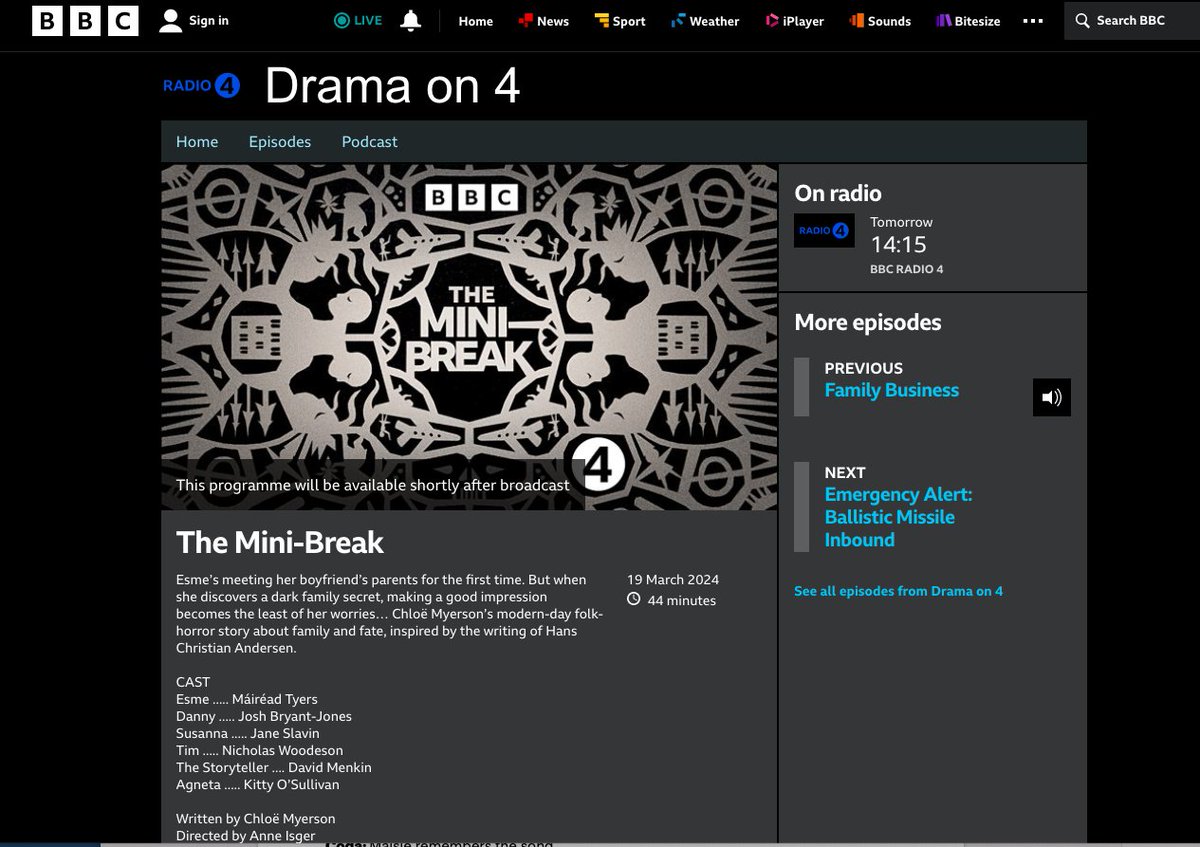 TOMORROW: my first radio drama drops on <a href="/BBCRadio4/">BBC Radio 4</a> Tune in at 14.15 for a twisted folk-horror story about meeting your bf's awkward parents 👹 Starring Máiréad Tyers from <a href="/DisneyPlusUK/">Disney+ UK</a>'s Extraordinary.